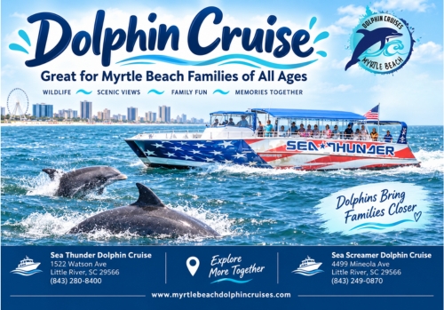 Myrtle Beach Dolphin Cruise banner featuring a speedboat and jumping dolphins under a blue sky with logos and family-friendly tagline across the top side of the image.